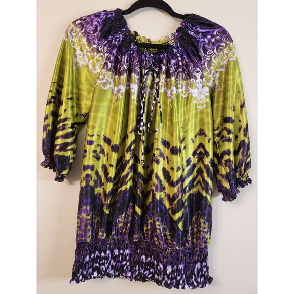 Allen B by Allen Schwartz Women Large Lime Green Purple Tie Neck Elastic Waist - Picture 2 of 5